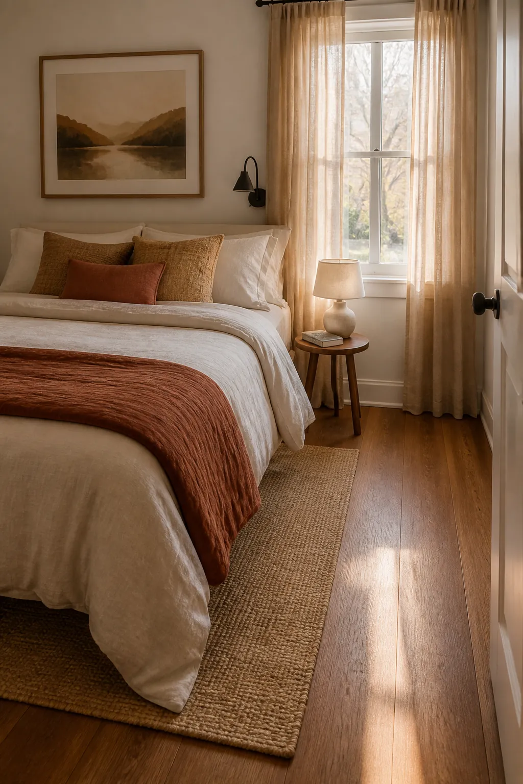 Cozy small bedroom decor with warm texture and open movement space