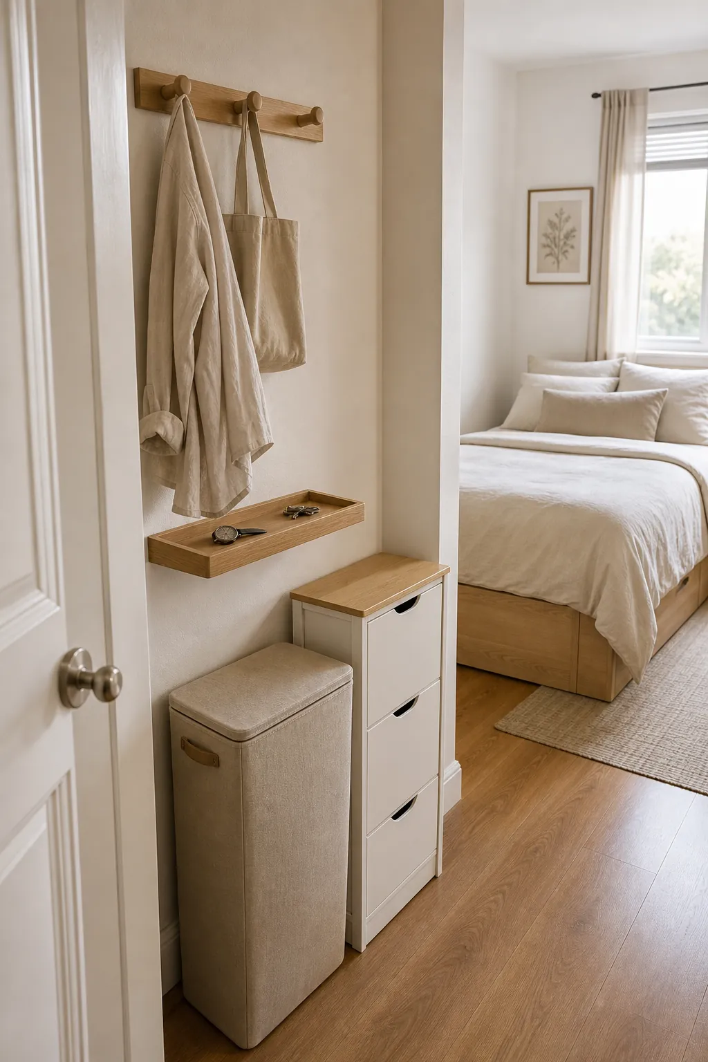 Decluttered bedroom reset zone with hooks, hamper, and closed storage