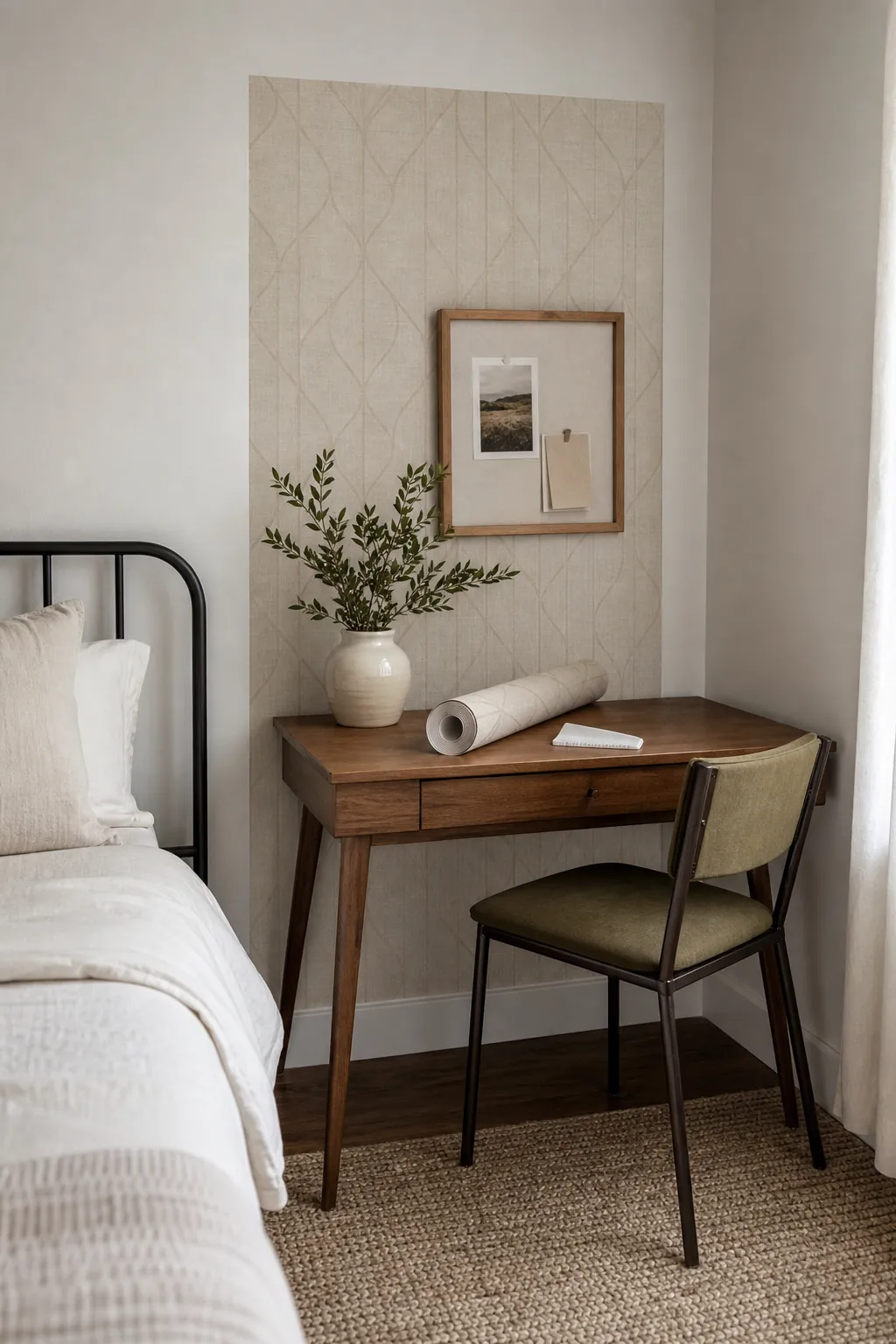 Peel and stick decor panel creating a renter friendly bedroom focal wall