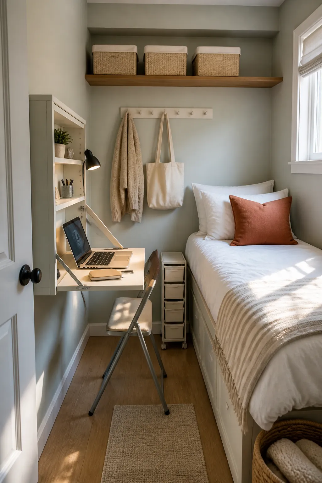 Fold down compact desk beside a bed in a tiny bedroom office layout