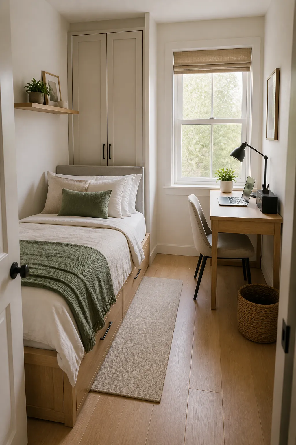 Small bedroom with a compact desk, bed, clear walking path, and hidden storage