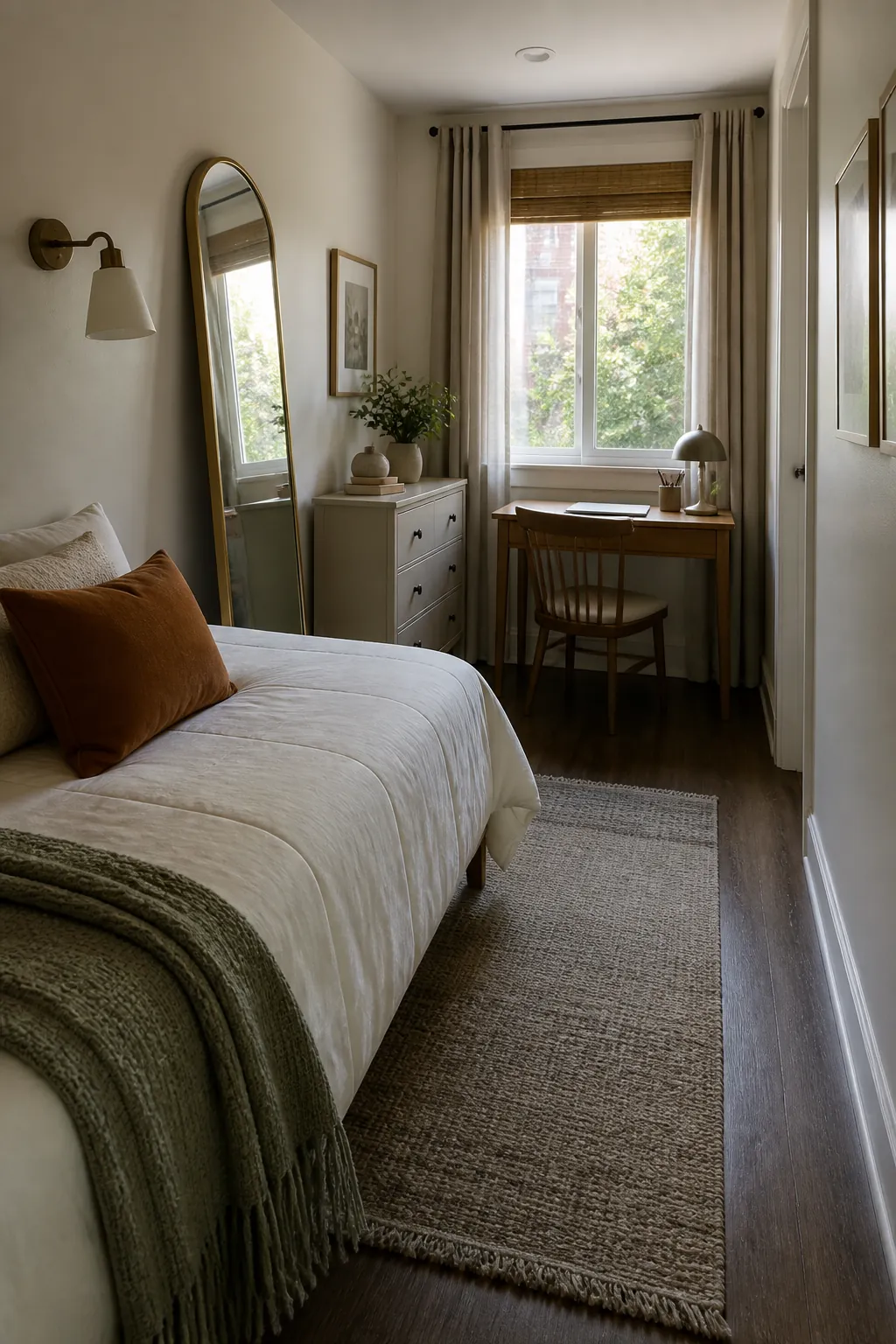 Small bedroom layout with a compact desk under the window beside a neatly made bed