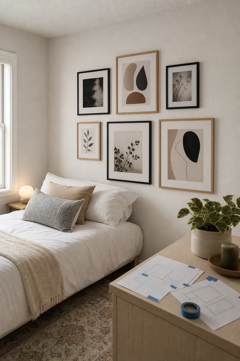 Foot of bed desk layout in a compact bedroom with clear chair space