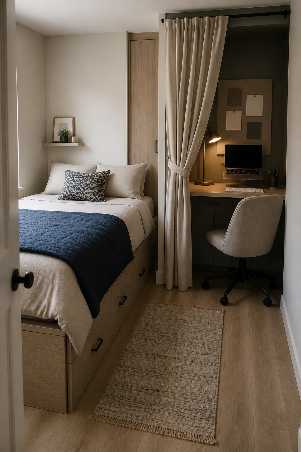 Curtained bedroom office nook with a compact desk beside a storage bed
