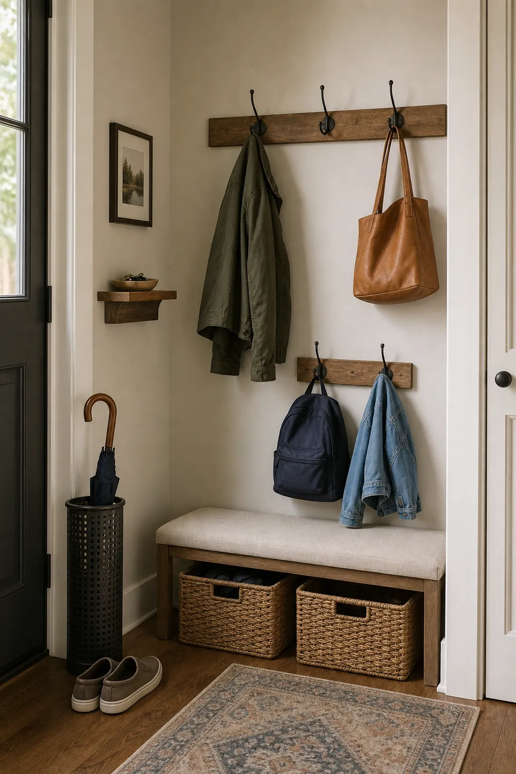 Organized entryway wall hooks with a few daily coats and bags arranged neatly