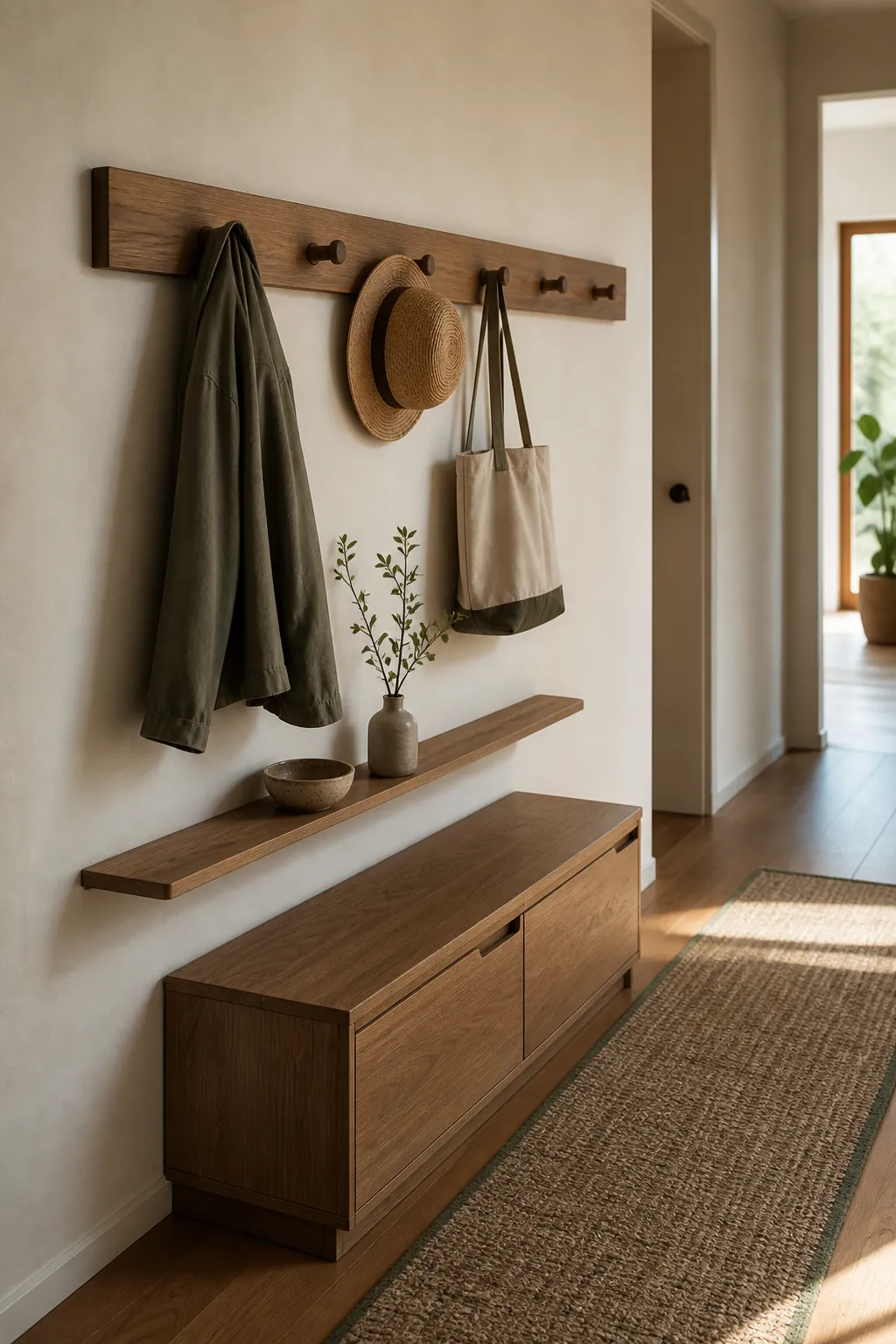 Entryway wall decor with one long wooden hook rail and a shallow shelf