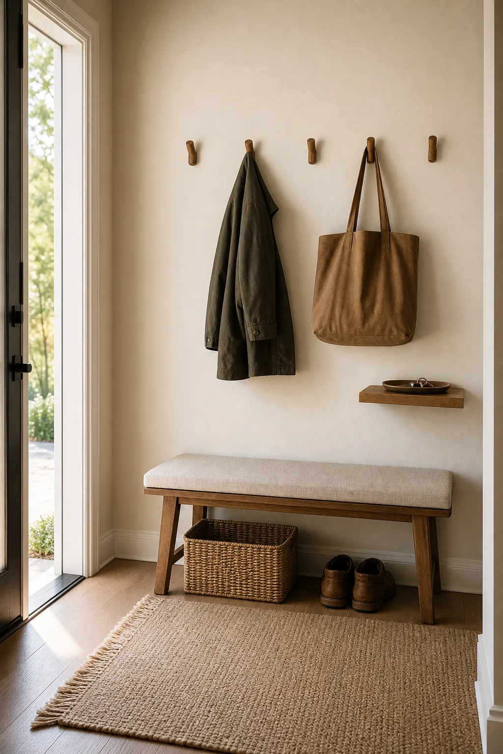 Minimal entryway wall with a slim bench, hooks, and uncluttered natural decor