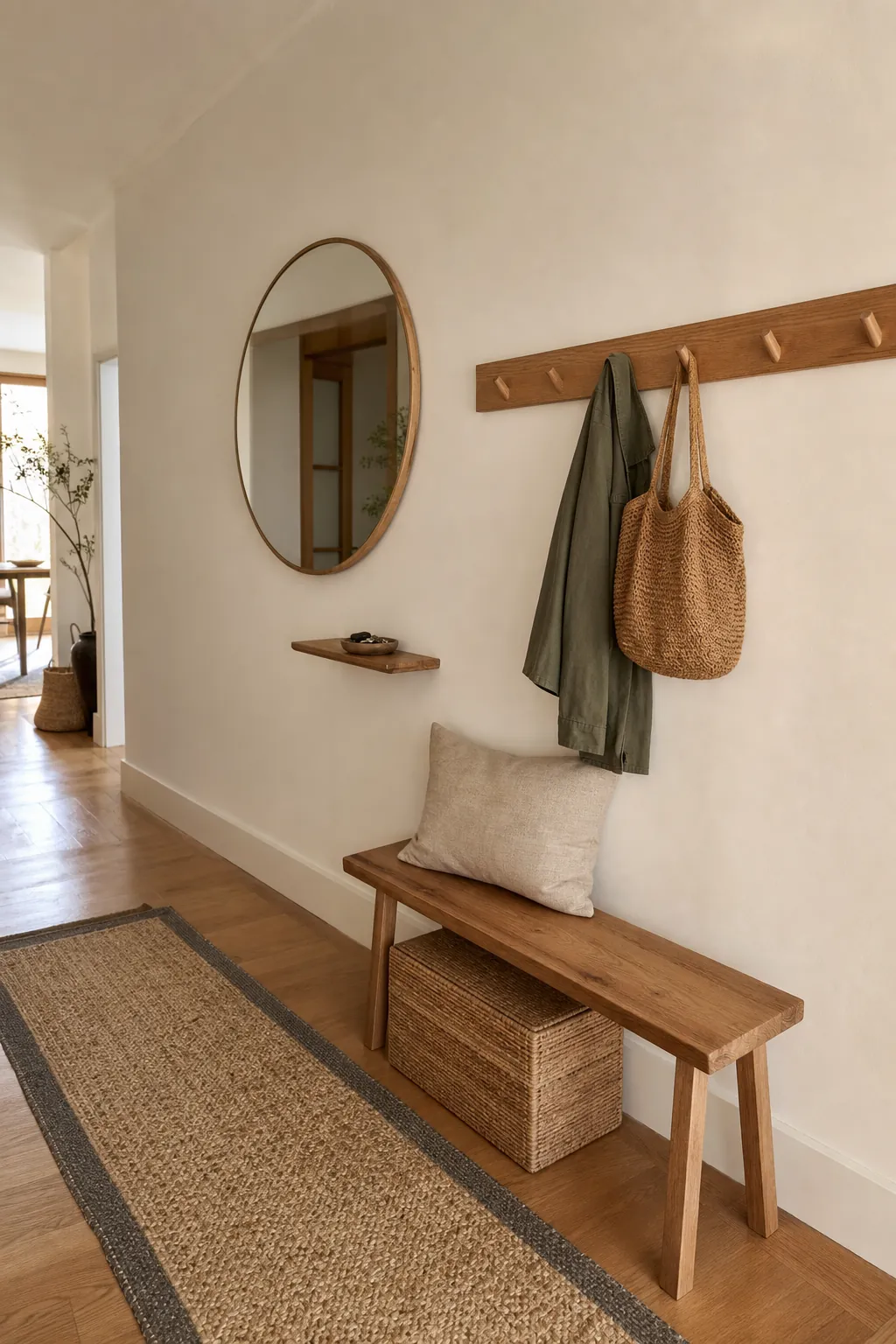 Uncluttered entryway wall with wall hooks, mirror, runner rug, and natural decor