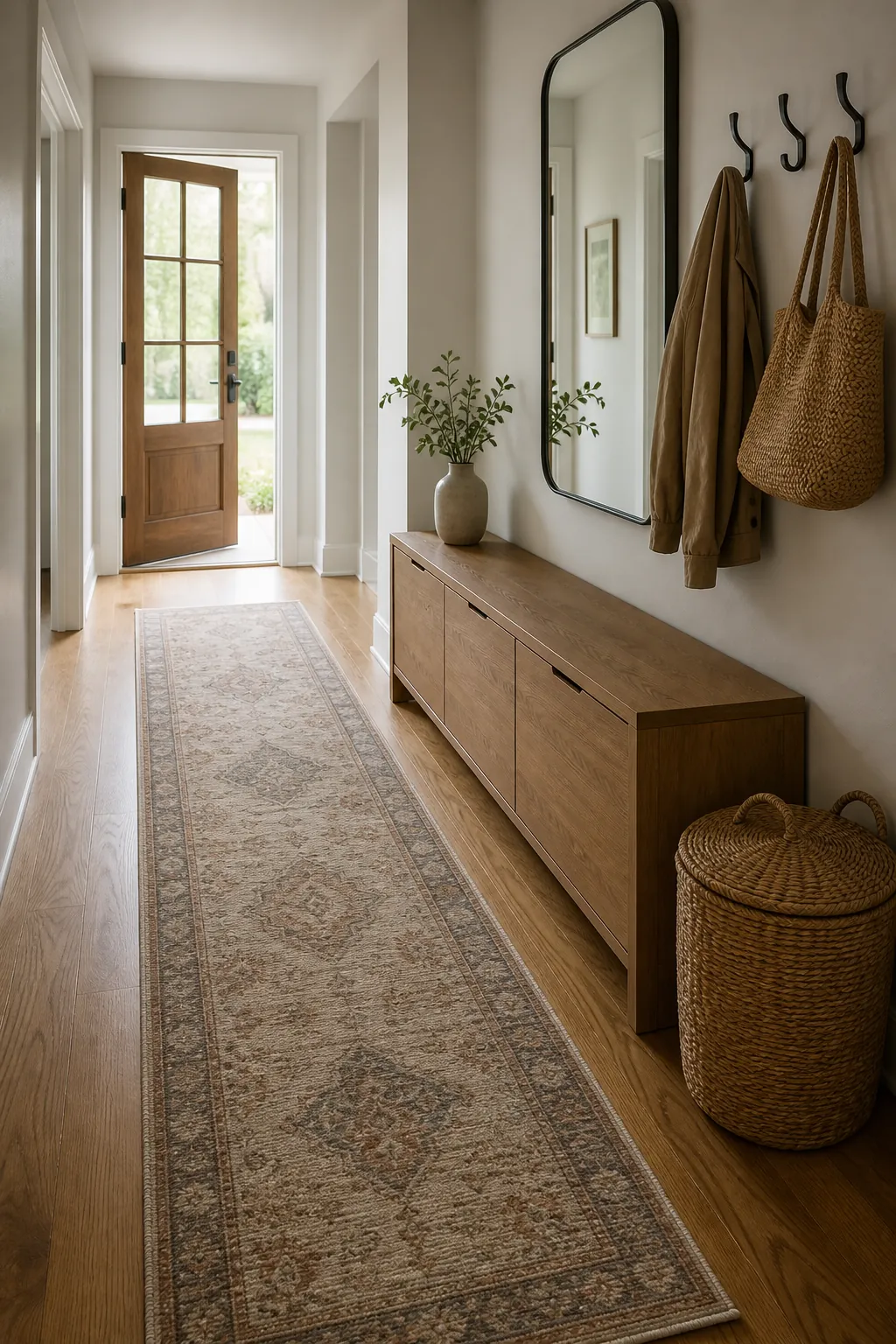 Hallway entryway with a runner rug balancing a simple wall and storage bench