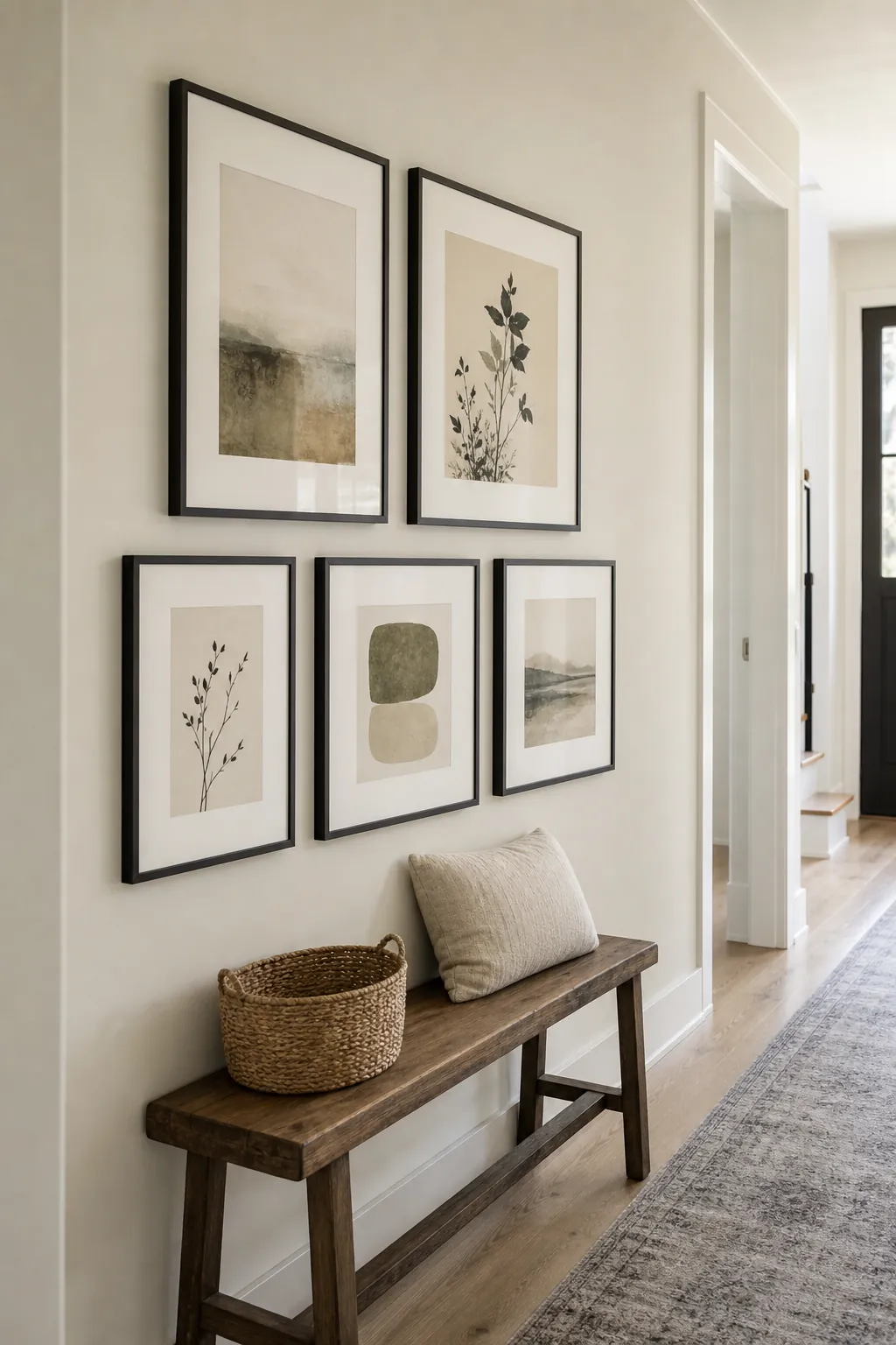 Uncluttered entryway gallery wall with matching frames and natural textures