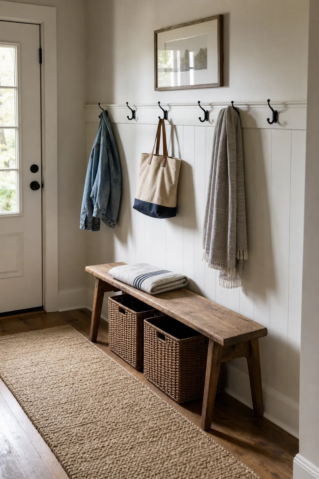 Entryway wall after a seasonal clutter edit with hooks, baskets, and clean storage