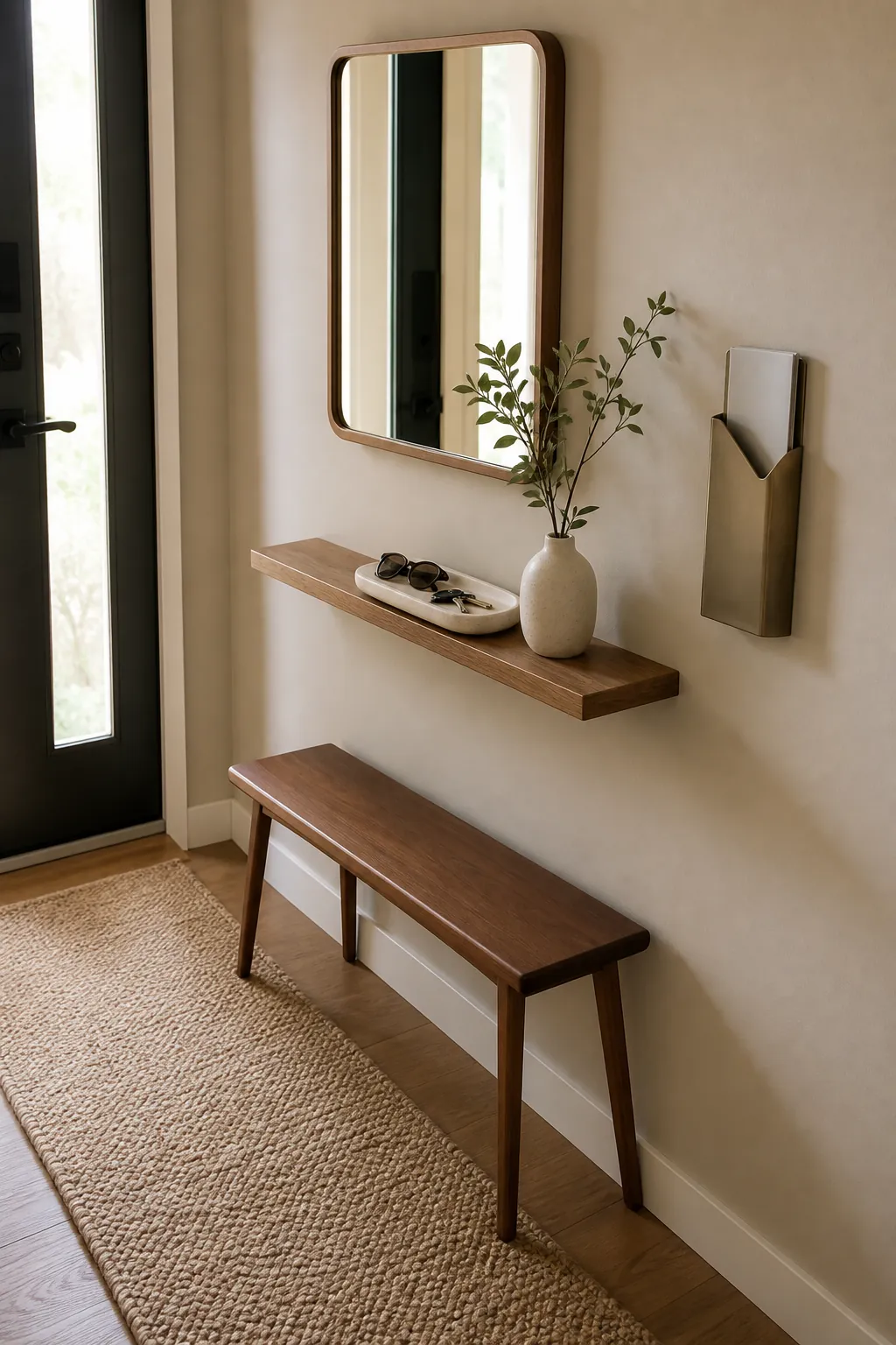 Small foyer wall with a shallow landing shelf, mirror, and tidy key tray