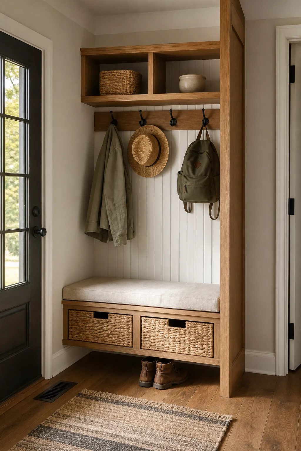 Compact corner hall tree bench with hooks, cubbies, baskets, and neutral entryway decor
