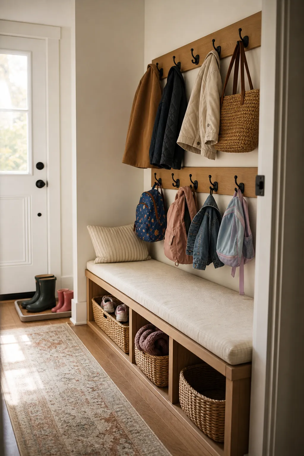 Small entryway mudroom corner with wall hooks, storage bench, baskets, and warm natural decor