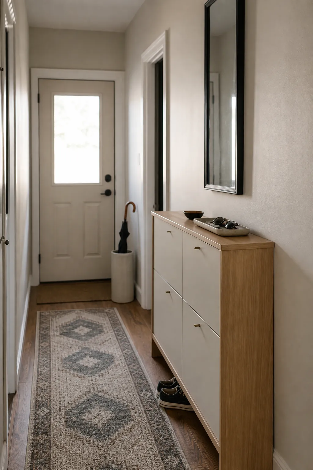 Wall mounted entryway drop zone with hooks, shallow shelf, key bowl, mail tray, and tidy bags
