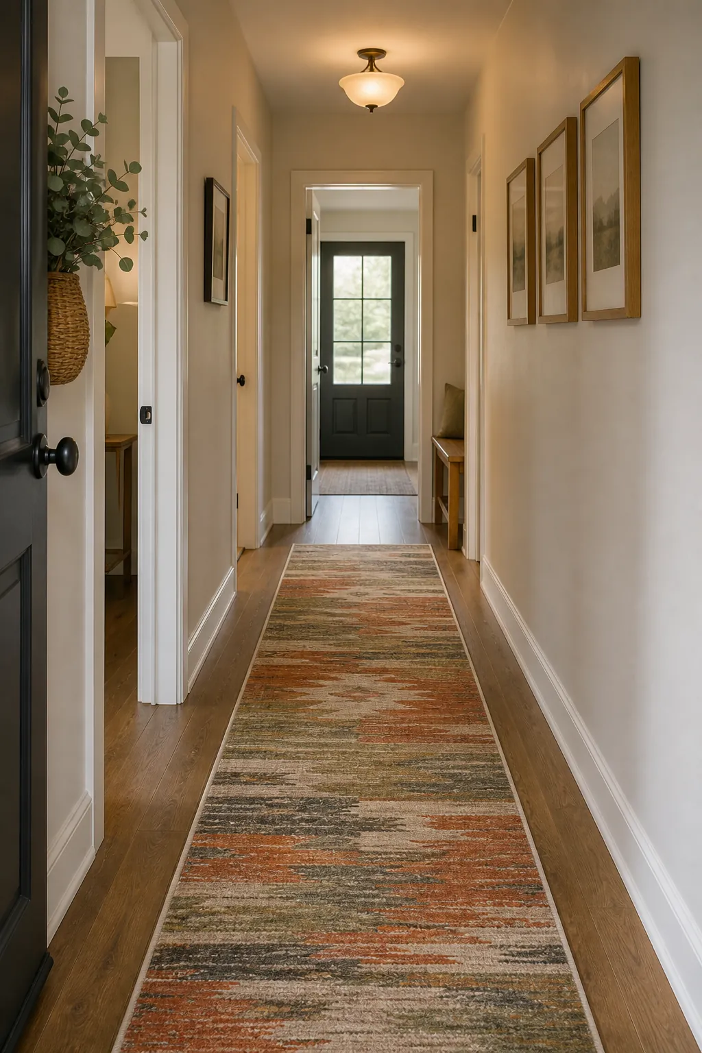 Small mudroom corner with washable runner rug, closed shoe storage, hooks, mirror, and tidy entryway styling