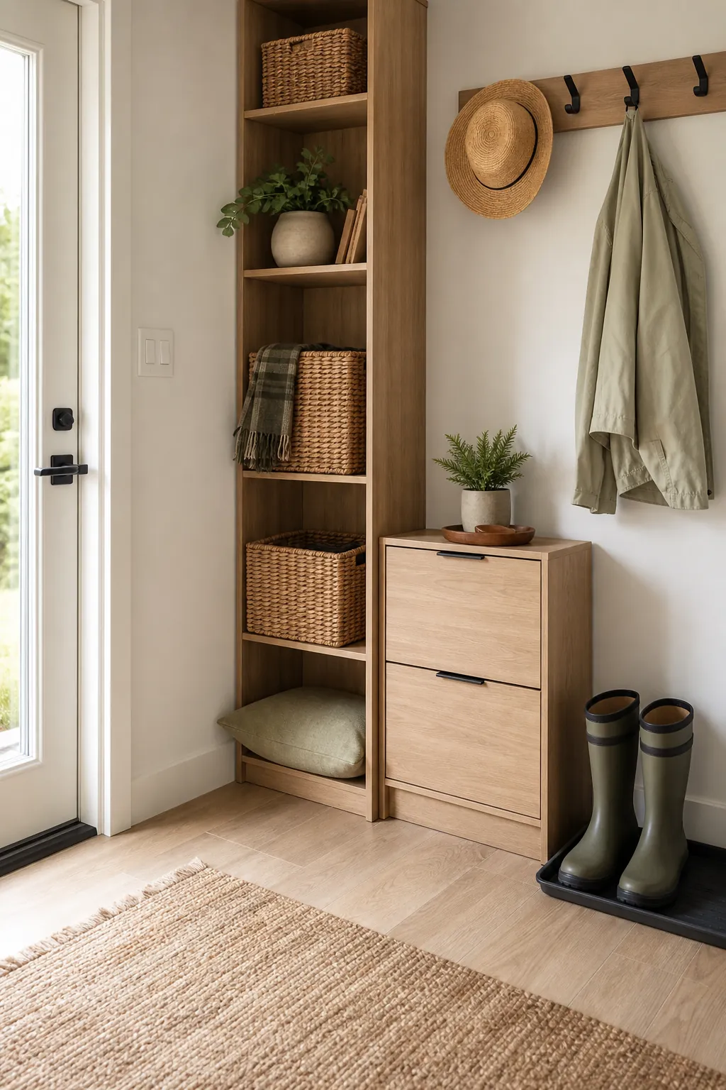 Entryway corner with woven baskets, seasonal storage, hooks, boot tray, and calm small space decor