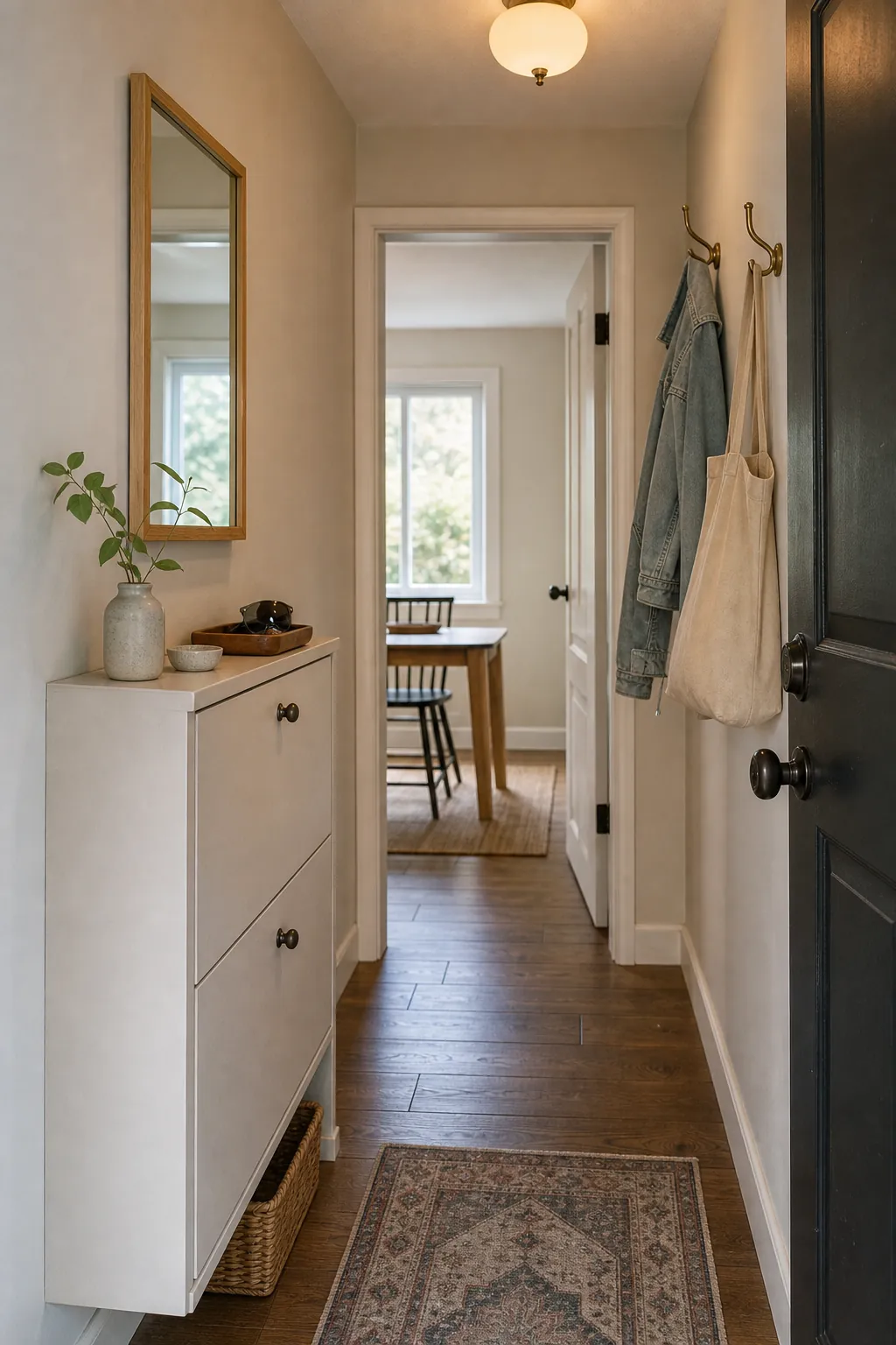 Slim entryway drop zone with shoe storage hooks and a mirror in a narrow hallway