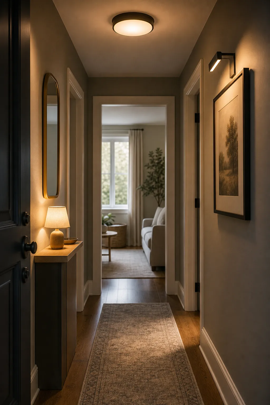 Bright narrow hallway with layered ceiling light wall sconce and warm entry lighting