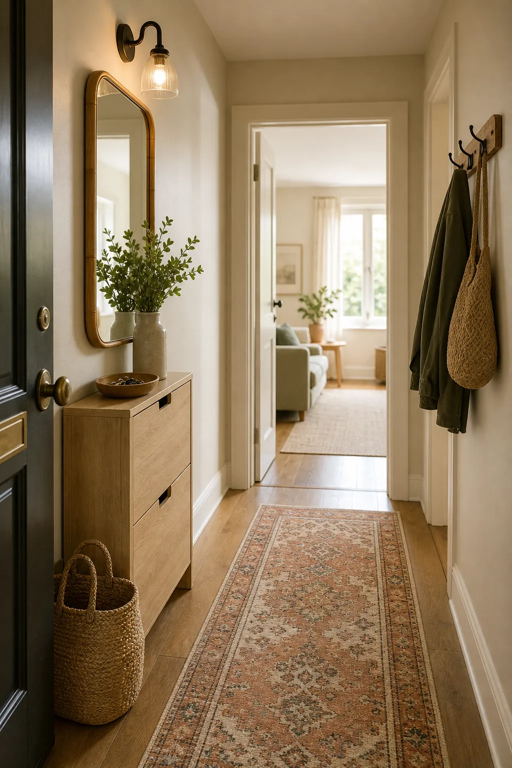 Photorealistic welcoming hallway with runner rug layered lighting slim storage and natural decor
