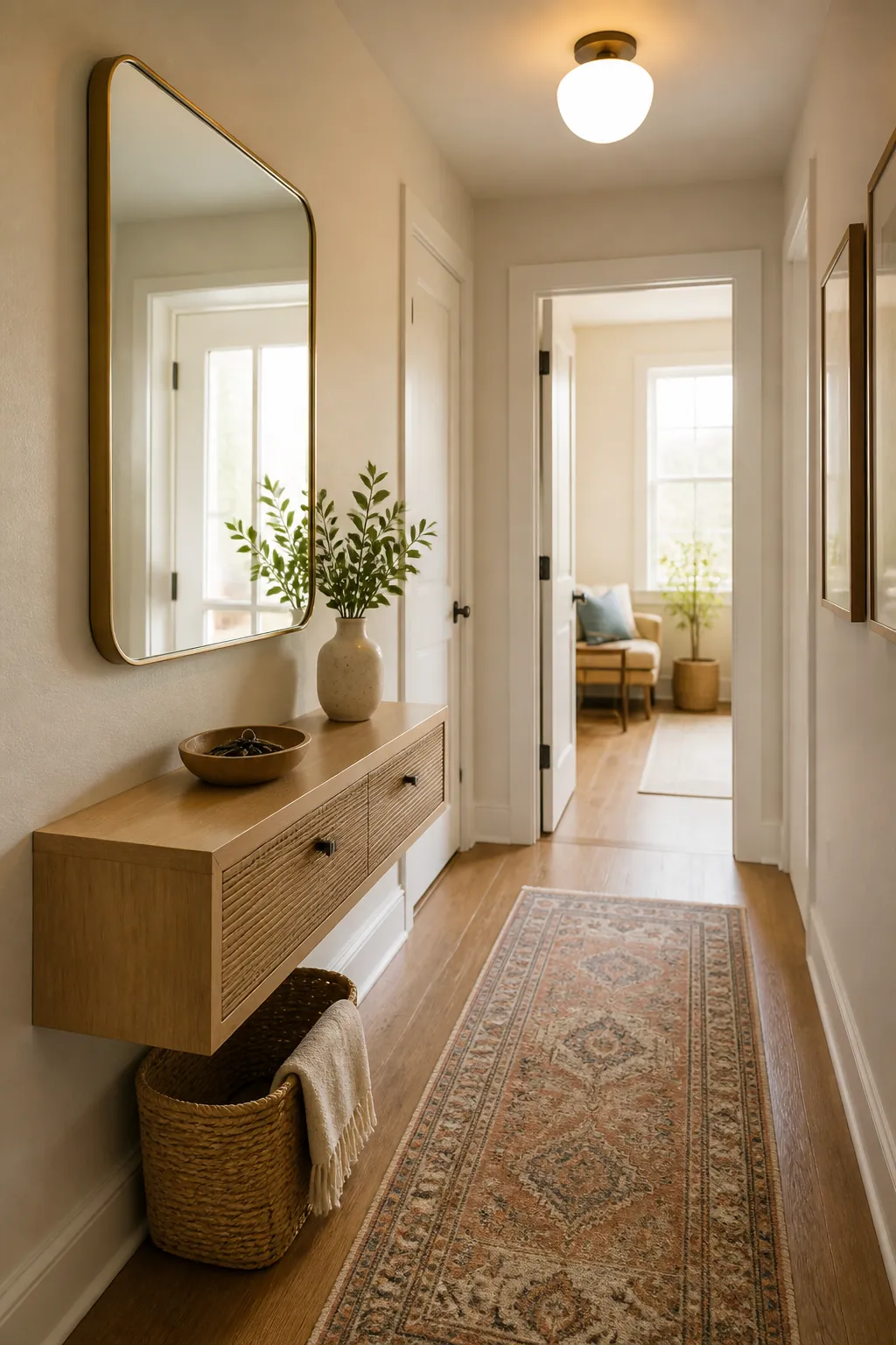 Entryway mirror reflecting natural light beside a slim cabinet and simple hallway decor