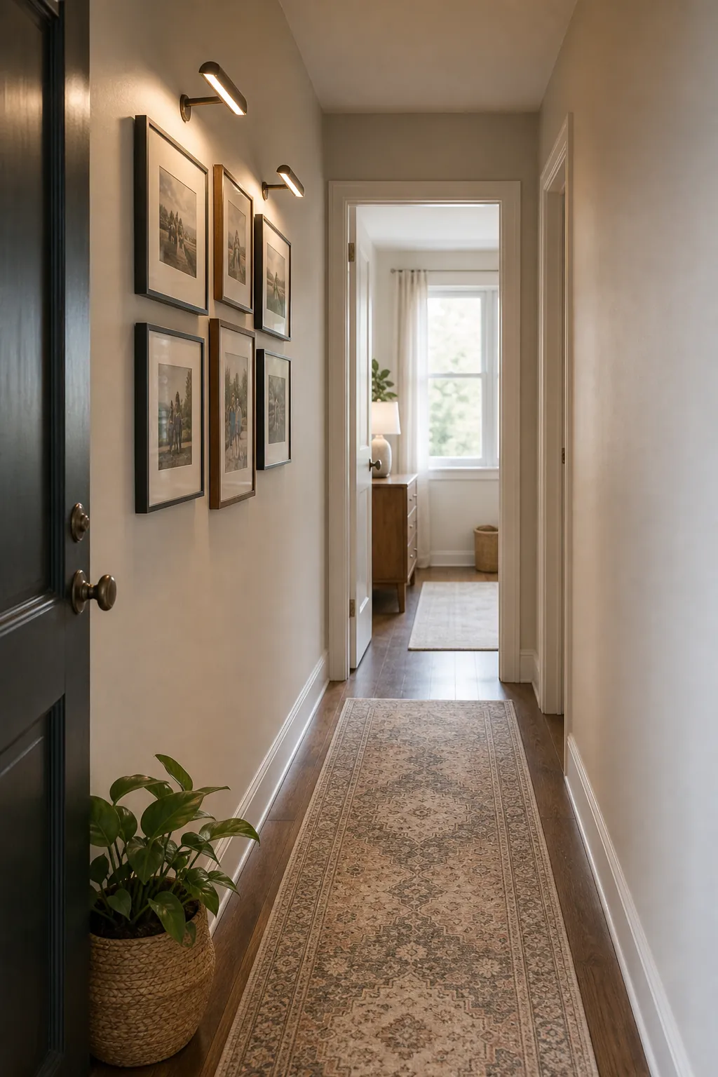Narrow hallway with a clean one wall gallery of framed art and warm picture lights
