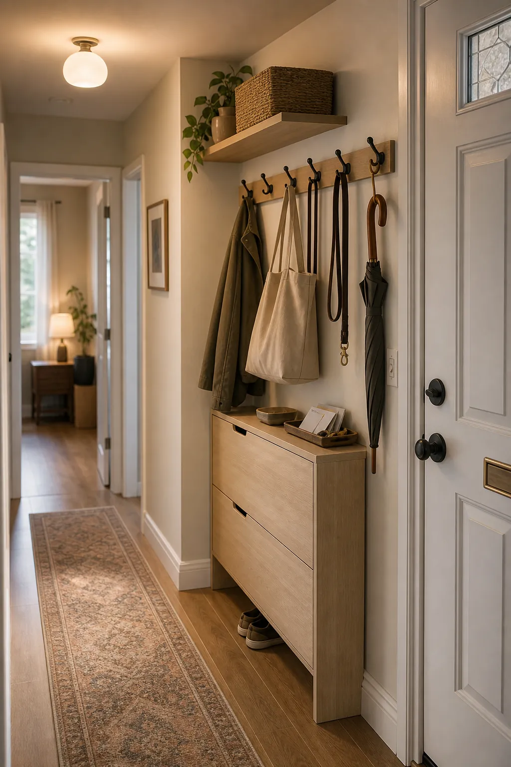 Slim hallway storage with peg hooks closed shoe cabinet baskets and organized entryway essentials