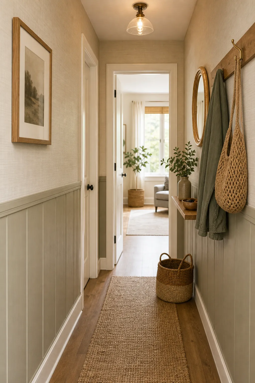 Narrow entry hallway with subtle wall paneling warm trim and natural woven accents