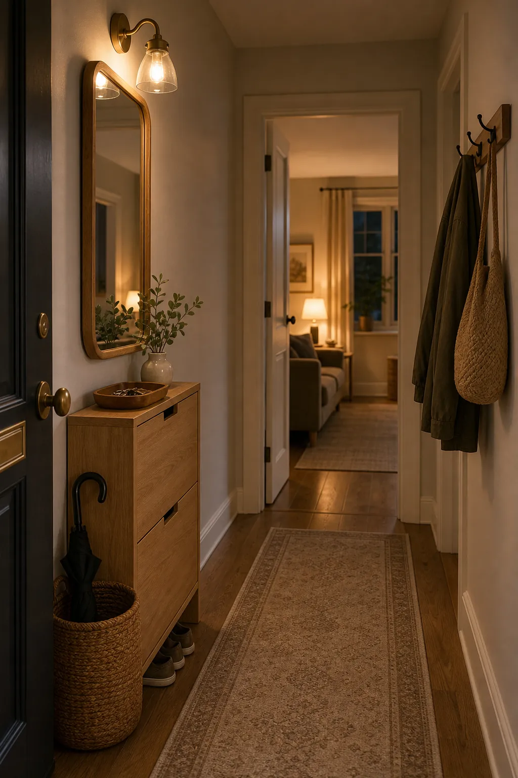 Tidy evening entryway hallway with cleared floor warm light tray hooks and closed shoe storage