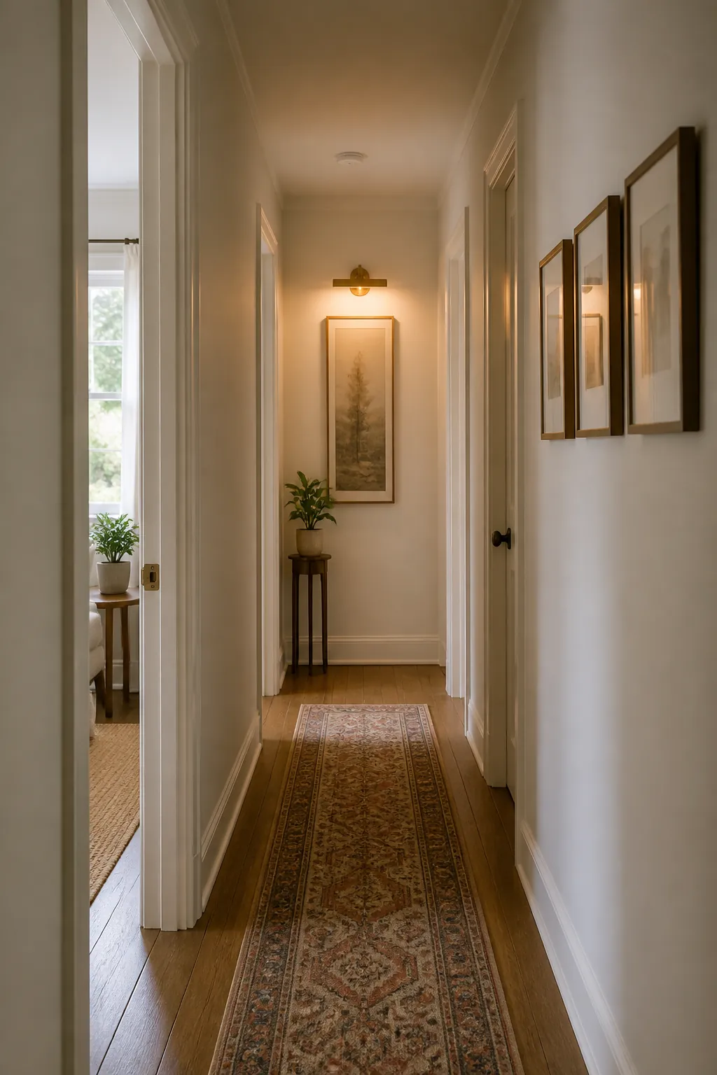 Long hallway with a calm end wall focal point vertical artwork and warm runner rug