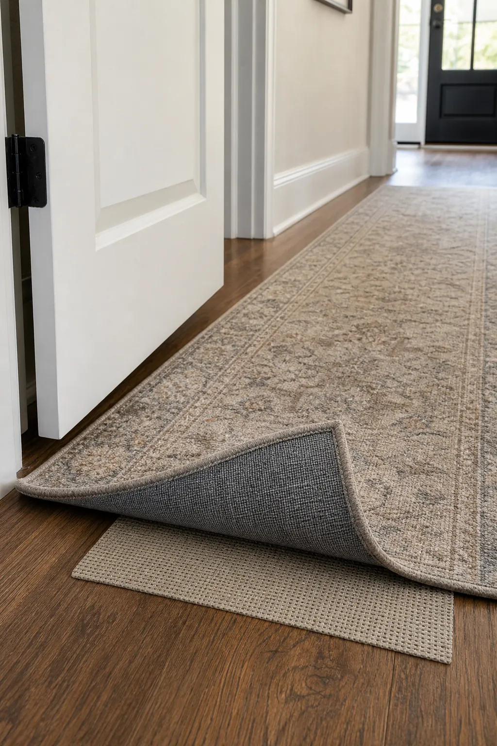 Low pile hallway runner with a thin rug pad and clear door swing
