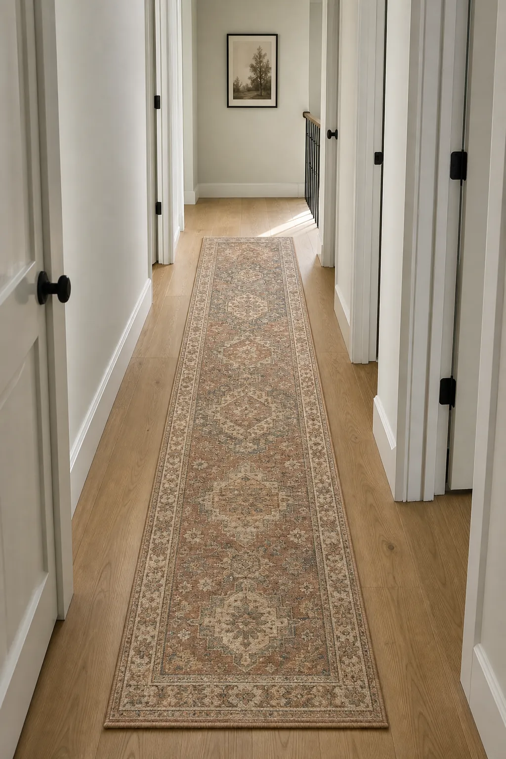 Warm hallway runner rug making a plain hallway feel finished