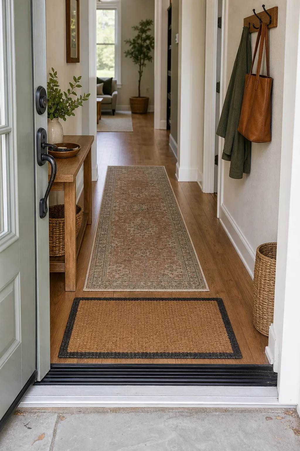 Entryway runner rug placed beyond a front doormat for a clean path