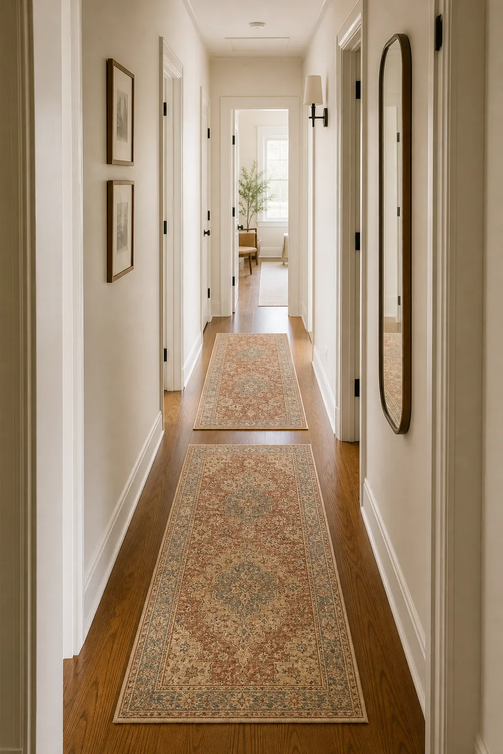 Long hallway styled with two matching runner rugs and calm wall decor