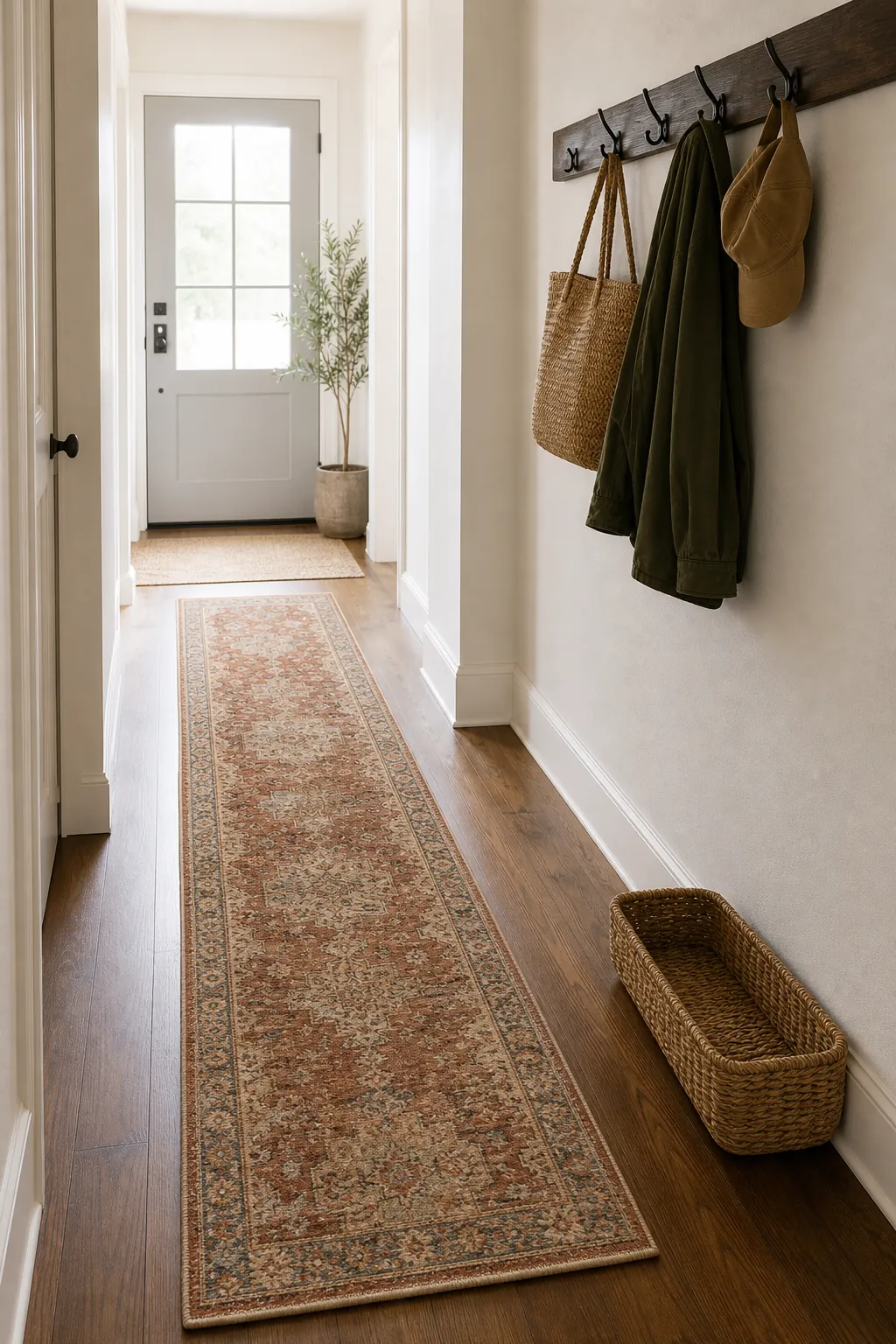 Hallway runner paired with simple wall decor hooks and storage
