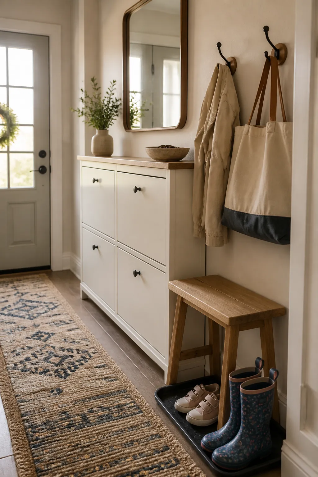 Closed shoe storage cabinet in a family entryway with a small bench and tidy runner rug