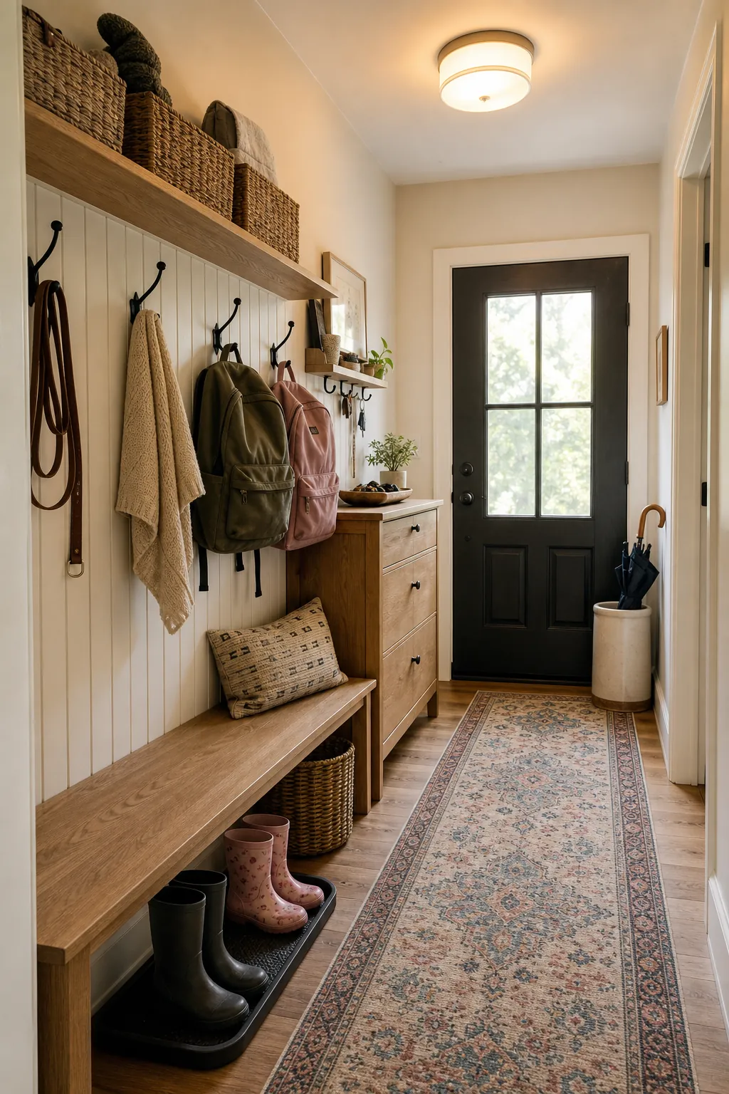 Organized family entryway drop zone with hooks, shoe storage, runner rug, and warm natural light