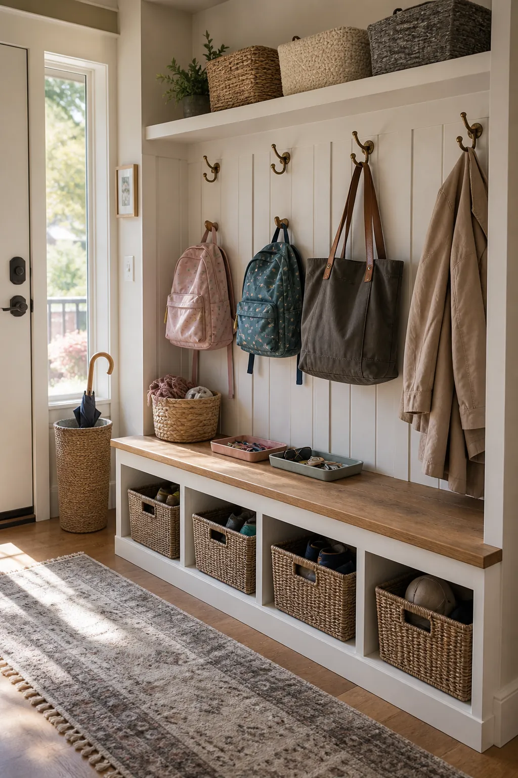 Family drop zone with individual cubbies, baskets, and hooks for backpacks and coats