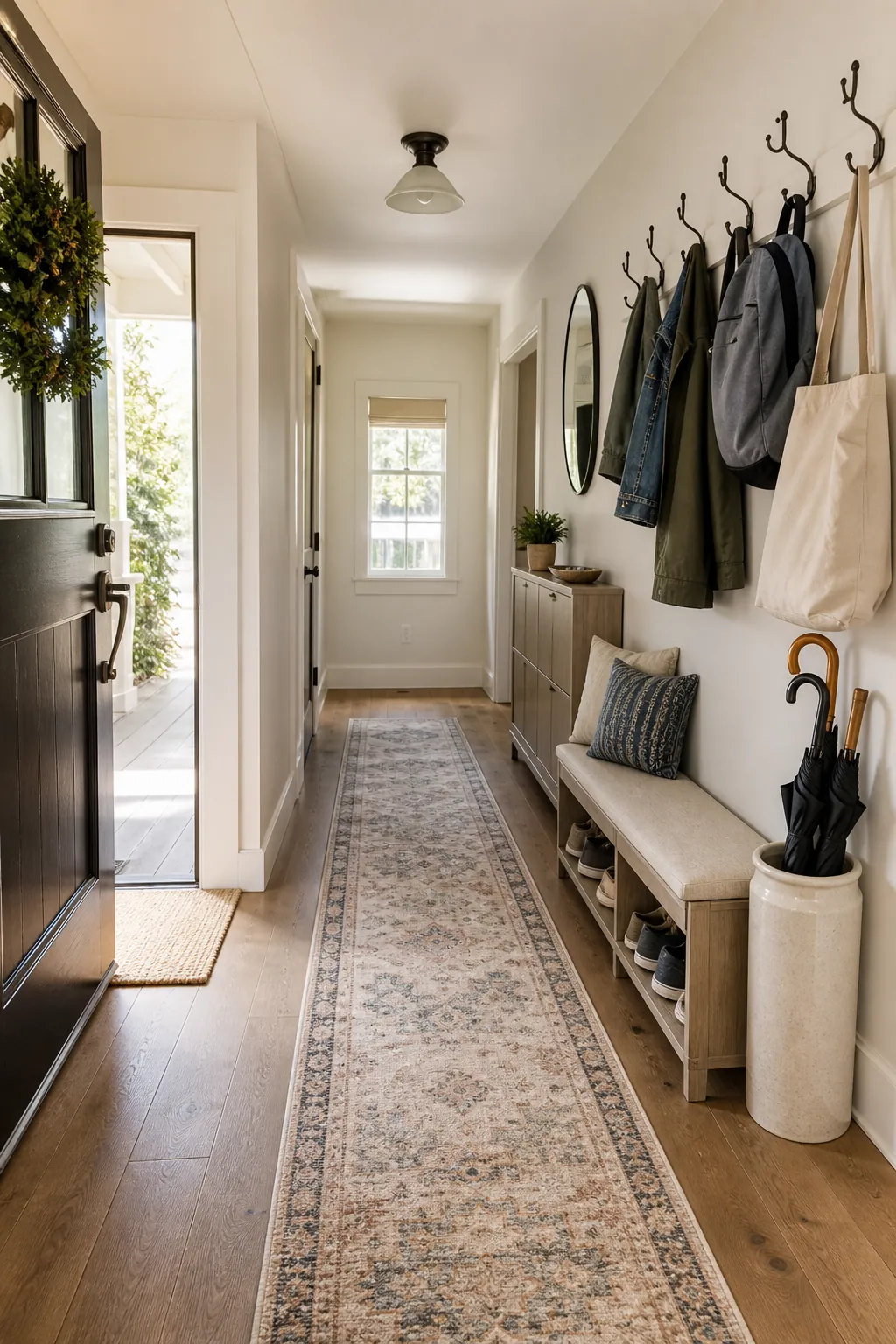 Small family entryway with a clear traffic path, narrow bench, runner rug, and organized hooks