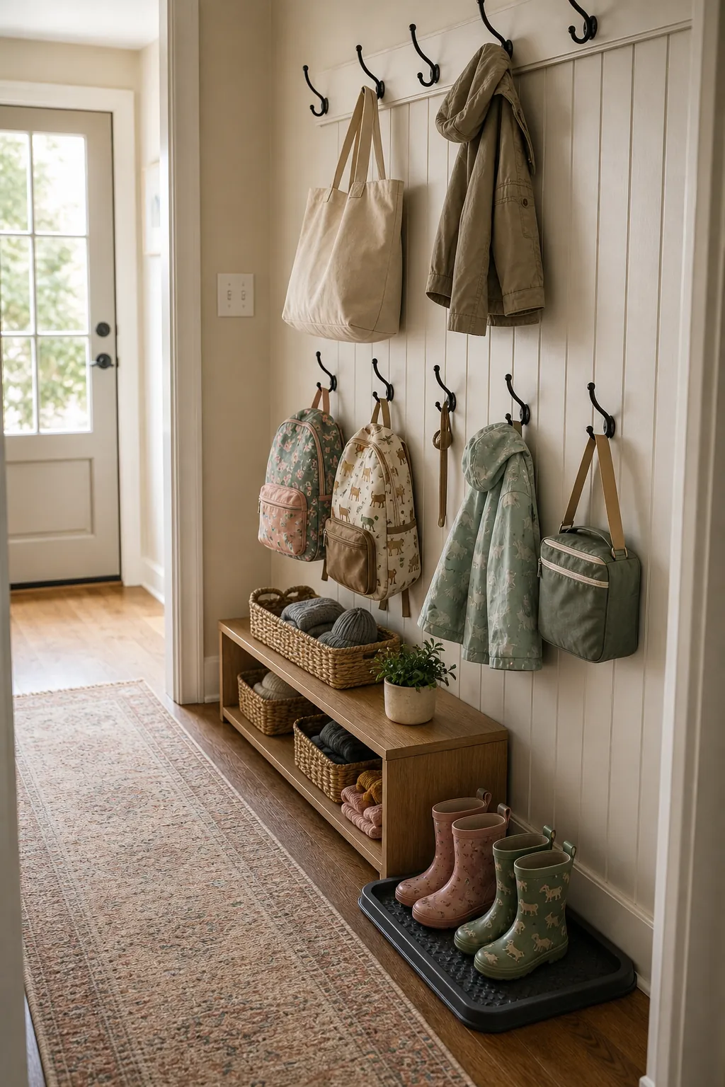 Kid-height entryway hooks holding backpacks and coats below adult hooks in a tidy family hallway