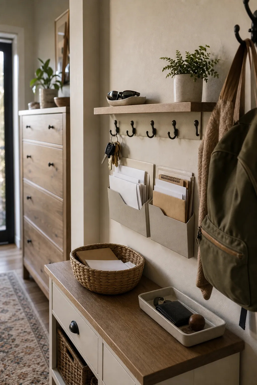 Compact entryway command center with mail slots, key hooks, and a shallow shelf