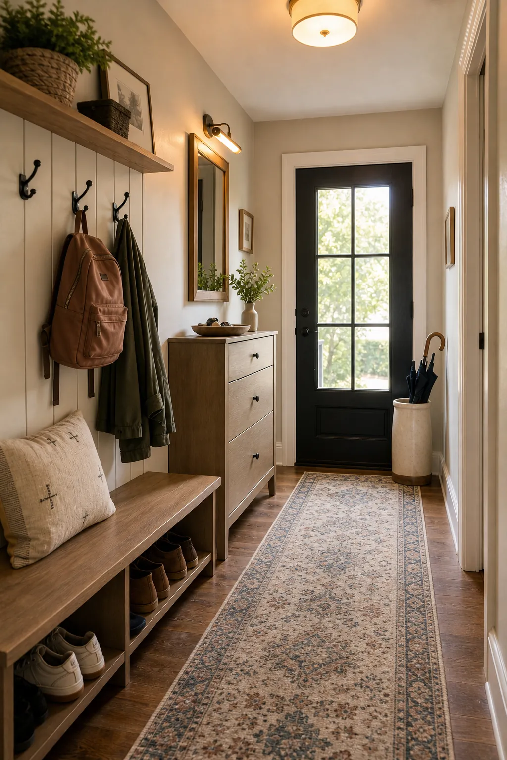 Entryway decor with a patterned runner rug, warm wall lighting, and organized family storage