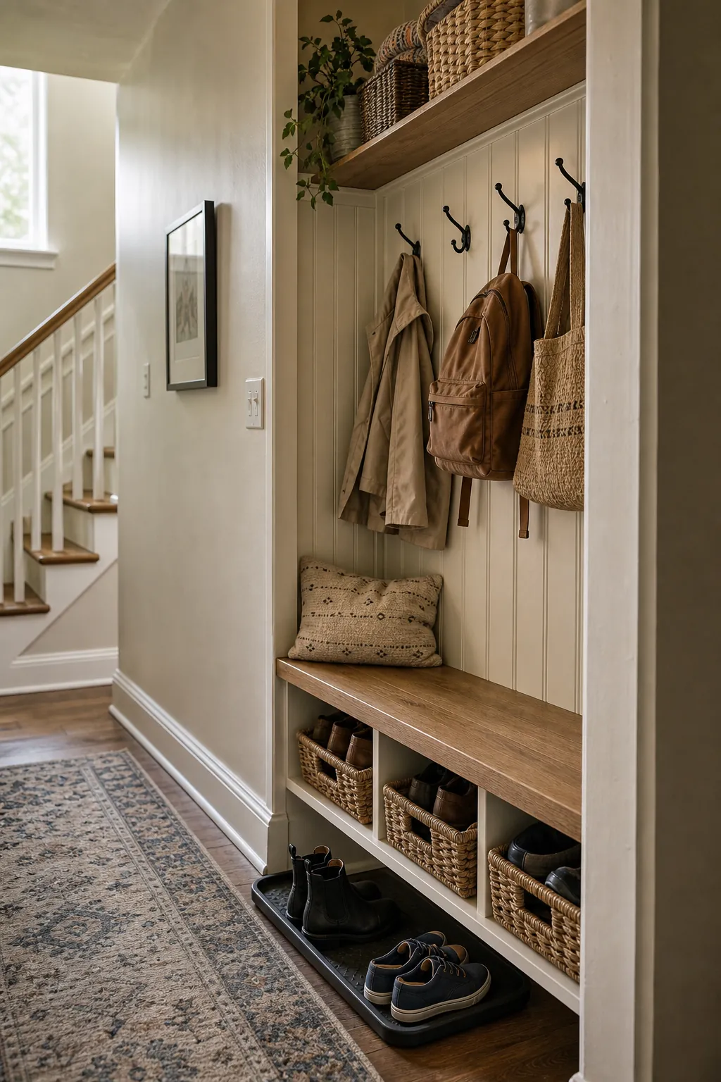 Small space mudroom nook with a narrow bench, hooks, shoe baskets, and woven storage