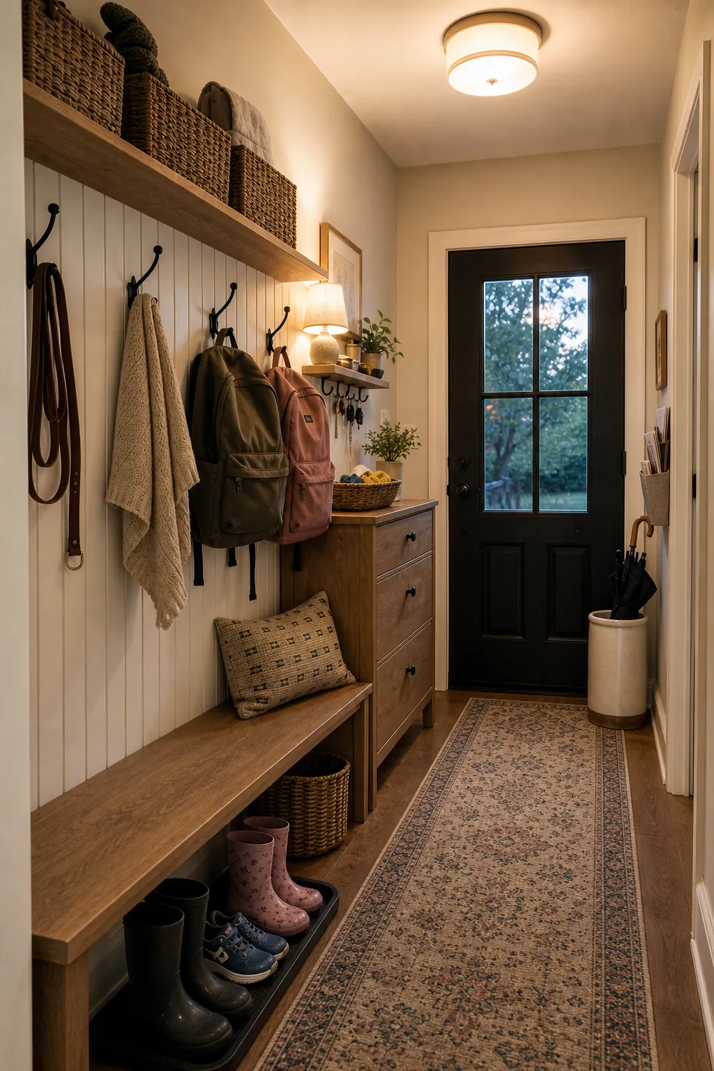 Tidy family entryway after a quick evening reset with shoes, backpacks, and mail organized
