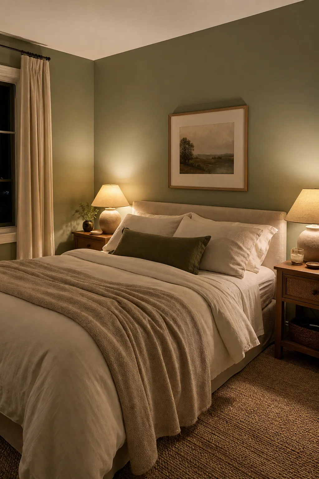 Earthy green bedroom with muted sage walls and warm bedside lamps