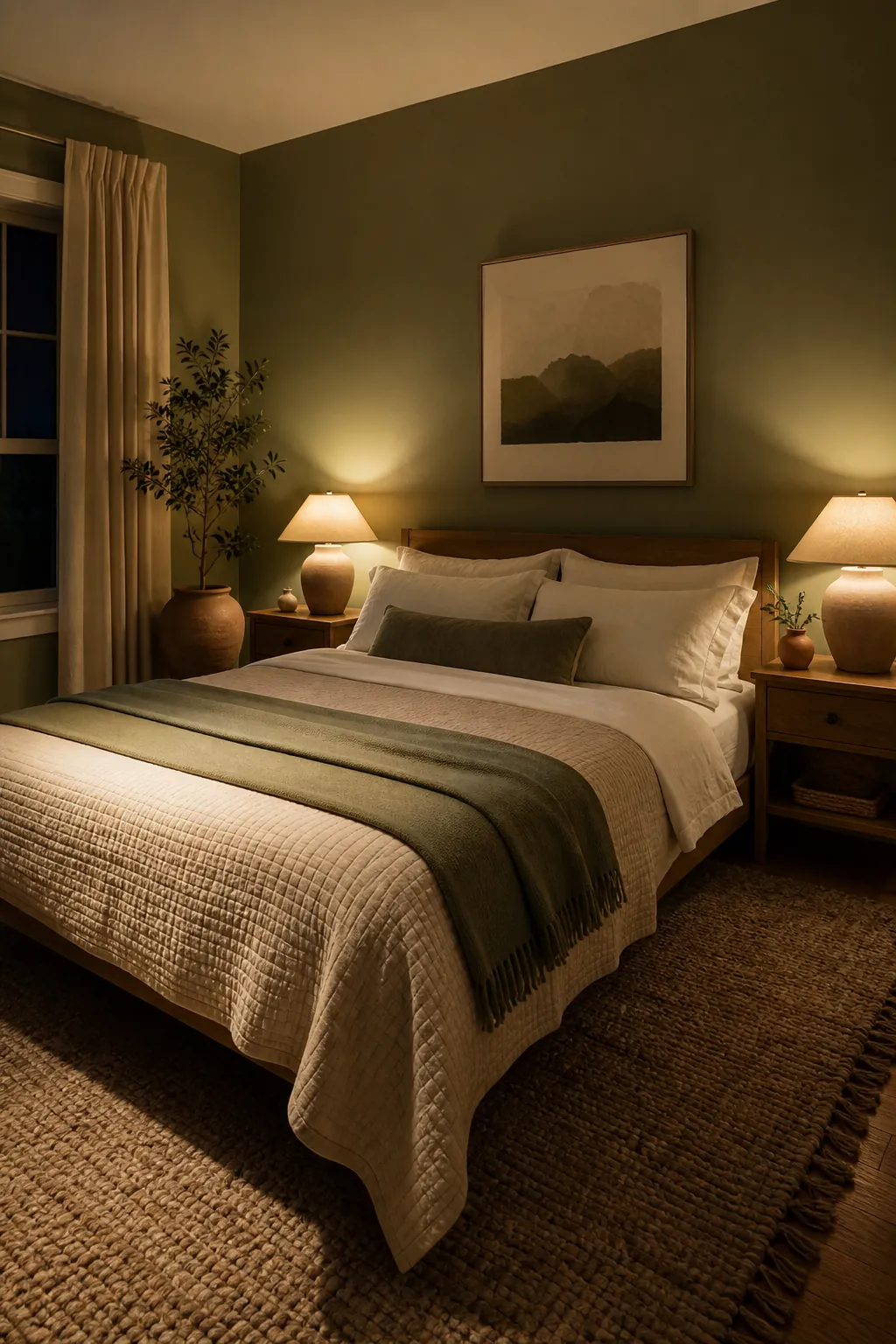 Earthy green bedroom with warm nighttime lighting and soft natural decor