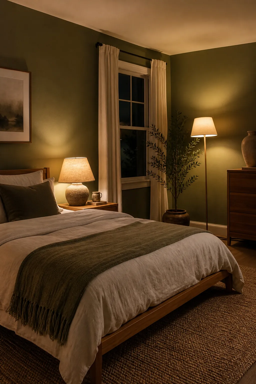 Relaxing green bedroom with warm ambient lighting in the corners