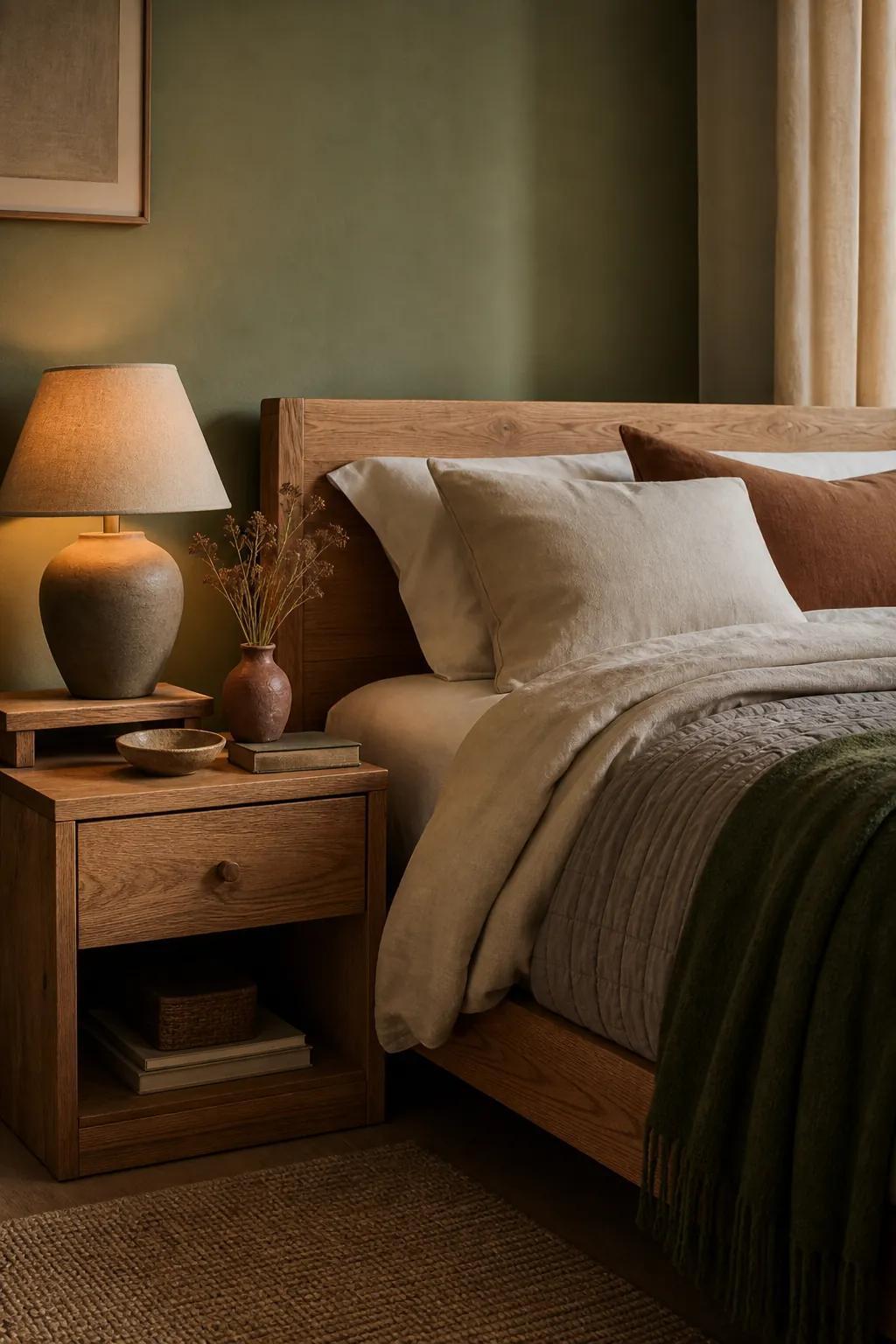Green bedroom with natural wood furniture and layered neutral bedding