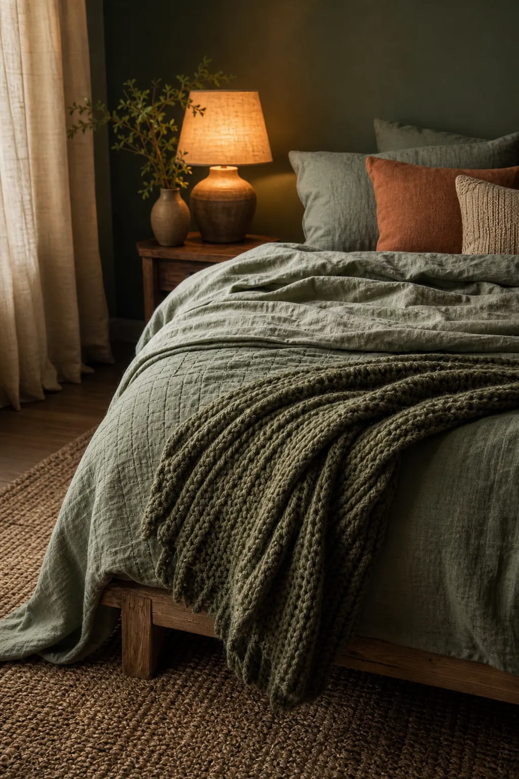 Cozy earthy green bedroom with linen bedding wool throw and woven rug