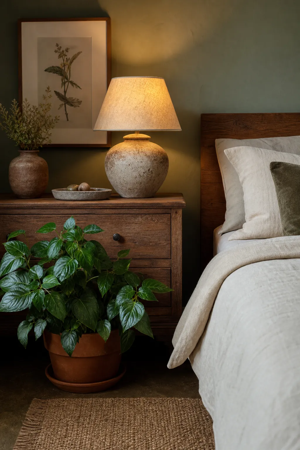 Natural green bedroom with plants wood and ceramic decor details